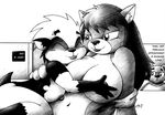  anthro areola bear big_breasts breast_pillow breasts canine dog drake_fenwick duo_focus english_text eyebrow_piercing eyewear facial_piercing female female/female glasses group happy male mammal monochrome mostly_nude navel nipple_piercing nipples piercing raven_hunt smile text wolf 