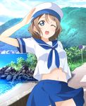  blue_eyes blurry blurry_background brown_hair hat highres kuusuke_(yo_suke39) looking_at_viewer love_live! love_live!_sunshine!! mountain navel official_style one_eye_closed open_mouth pleated_skirt school_uniform serafuku short_hair signpost skirt solo watanabe_you wind wind_lift 