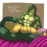  2017 abs anthro armpits balls biceps brown_background cum cum_on_penis dinosaur duo english_text grin handjob male male/male muscular muscular_male nipples nude pecs penis reptile scalie sex sharp_teeth simple_background smile tailsup4tyranno teeth text theropod tyrannosaurus_rex 