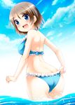  adjusting_clothes adjusting_swimsuit ass bikini blue_bikini blue_eyes butt_crack frilled_bikini frills from_behind grey_hair looking_at_viewer love_live! love_live!_sunshine!! open_mouth short_hair solo swimsuit tekehiro wading watanabe_you 