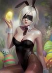  animal_ears black_legwear blindfold breasts bunny_ears bunnysuit cleavage detached_collar easter easter_egg egg large_breasts leotard mini_necktie nail_polish necktie nier_(series) nier_automata pantyhose phamoz short_hair smile solo wrist_cuffs yorha_no._2_type_b 