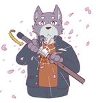  anthro canine clothed clothing flower_petals fur katana looking_at_viewer male mammal melee_weapon petals sheeporwolf solo sword weapon 