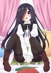  ankle_boots bad_id bad_pixiv_id bed black_legwear blush book boots brown_footwear burn_scar commentary covering covering_crotch embarrassed green_skirt hair_over_one_eye ikezawa_hanako katawa_shoujo kitsuneco long_hair looking_at_viewer on_bed open_mouth panties panties_under_pantyhose pantyhose purple_hair red_eyes scar school_uniform shirt sitting sitting_on_bed skirt solo thighband_pantyhose underwear white_shirt 