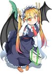  bag belt black_wings blonde_hair blue_dress breasts brown_footwear collared_shirt commentary_request dragon_girl dragon_horns dragon_tail dress frilled_dress frilled_hairband frilled_shirt frilled_sleeves frills gloves hairband highres holding holding_bag horns kobayashi-san_chi_no_maidragon large_breasts long_hair looking_at_viewer maid_headdress minamikaze multicolored_hair necktie pointing pointing_at_self red_belt red_eyes red_hair red_neckwear shirt shoes simple_background sleeveless sleeveless_dress smile solo square_necktie tail tooru_(maidragon) twintails white_background white_gloves white_shirt wings 