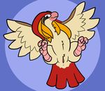  3_toes animal_genitalia back_toe beige_body bird_feet blonde_hair blue_background brown_body cleft_tail cloaca female hair nintendo nude pidgeot pok&eacute;mon red_hair simple_background solo spread_eagle spread_wings toes trout_(artist) video_games wings 