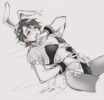  alfonse_(fire_emblem) animal_ears artist_name bad_source blush bulge bunny_boy bunny_ears bunny_tail bunnysuit crossdressing dated fake_animal_ears fire_emblem fire_emblem_heroes flying_sweatdrops hairband looking_down lying male_focus on_back pantyhose puffy_sleeves solo tail yurige 