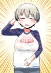  1girl :d =_= blush box breasts clothes_writing emphasis_lines eyebrows_visible_through_hair eyes_closed facing_viewer fang grey_hair hand_on_own_head hitotose_rin large_breasts open_mouth raglan_sleeves see-through short_hair simple_background smile solo uzaki-chan_wa_asobitai! uzaki_hana wet wet_clothes wet_hair yellow_background 