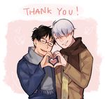  ^_^ black_hair closed_eyes coat hair_over_one_eye heart heart_hands heart_hands_duo idk-kun katsuki_yuuri male_focus multiple_boys open_mouth scarf silver_hair smile thank_you viktor_nikiforov yuri!!!_on_ice 