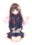  blush book bookmark brown_eyes brown_hair ech flower hair_flower hair_ornament highres long_hair long_sleeves looking_at_viewer neckerchief open_mouth original school_uniform seiza serafuku shirt sitting skirt solo turtleneck very_long_hair 