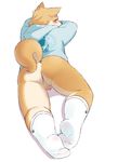  anthro balls blush butt canine clothing fur legwear looking_back male mammal sheeporwolf simple_background socks solo white_background 