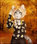  anthro clothed clothing feline female forest fur hair hibarikatsuru looking_at_viewer mammal open_mouth solo standing tree 