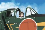  :3 aircraft airplane blue_sky brown_hair close-up cloud cockpit commentary day fairy_(kantai_collection) goggles goggles_on_head hair_between_eyes hair_ornament kantai_collection kitsuneno_denpachi open_cockpit scarf shinden_(kantai_collection) sidelocks sitting sky smile 
