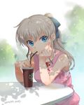  2017 artist_name bendy_straw blue_eyes charlotte_(anime) dappled_sunlight dated drinking_straw glass highres long_hair misaki_juri ponytail signature silver_hair sipping starbucks sunlight table tomori_nao tumbler upper_body 