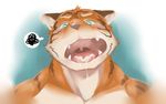  anthro cum cum_on_tongue fangs feline looking_at_viewer male mammal muscular open_mouth sheeporwolf solo sweat teeth tiger tongue tongue_out 