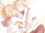  1girl blonde_hair blue_eyes bow closed_eyes earphones hair_bow hair_ornament hairclip highres kagamine_len kagamine_rin looking_at_another lying on_side ryou_(fallxalice) sailor_collar shared_earphones sharing short_hair simple_background sleeping sleeveless smile vocaloid 