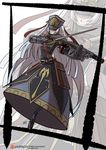  altair_(re:creators) gun hat highres kukuruyo military military_uniform ppsh-41 re:creators red_eyes saber_(weapon) shako_cap submachine_gun sword uniform weapon white_hair zoom_layer 