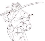  anthro feline flaccid humanoid_penis katana looking_at_viewer male mammal melee_weapon monochrome muscular nipples nude penis pubes scar sheeporwolf solo sword thick_penis tiger weapon 