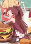  absurdres black_bow black_legwear blush boots bow cheese chicken_nuggets cup detached_sleeves drink drinking_straw eating eyebrows_visible_through_hair fang food french_fries green_background hair_bow hamburger head_tilt highres lettuce long_hair long_sleeves looking_at_viewer mahou_shoujo_madoka_magica okayparium open_mouth pocky ponytail red_footwear red_hair sakura_kyouko soda solo thighhighs tomato yellow_eyes 