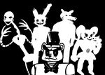  2016 animatronic anthro baby_(fnafsl) bear bib black_and_white black_background bow_tie canine female five_nights_at_freddy&#039;s fox foxy_(fnaf) freddy_(fnaf) group grumpy hat humanoid inkyfrog lagomorph machine male mammal monochrome rabbit robot simple_background springtrap_(fnaf) top_hat video_games 
