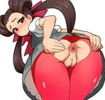  3: anus arms_behind_back ass ass_cutout bar_censor bent_over blush brown_hair cellphone censored closed_mouth collared_shirt cravat crotch_cutout crying crying_with_eyes_open dress eyelashes forehead from_side grey_dress gym_leader hair_pulled_back hair_ribbon hair_rings hands_on_ass highres kerokero00frog leaning_forward legs_together long_hair looking_at_viewer looking_back pantyhose phone pink_eyes pink_legwear pink_ribbon pointless_censoring pokemon pokemon_(game) pokemon_oras presenting puffy_short_sleeves puffy_sleeves pussy ribbon shiny shiny_clothes shiny_skin shirt short_dress short_sleeves simple_background smartphone solo spread_ass standing suspenders tareme tears thigh_gap thighs torn_clothes torn_legwear tsutsuji_(pokemon) twintails undershirt white_background white_shirt 