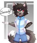  ambiguous_gender anthro clothed clothing english_text feline fur hair hibarikatsuru mammal open_mouth solo standing text 