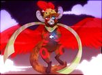  anthro cloud feathered_wings feathers featureless_crotch hibarikatsuru hybrid male mammal red_panda smile solo teeth wings 