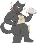  anthro apron balls blush clothing feline fur looking_at_viewer male mammal muscular sheeporwolf solo waiter 