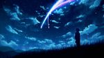  backlighting cloud comet fal grass kimi_no_na_wa miyamizu_mitsuha mountain night night_sky outdoors scenery short_hair silhouette sky solo standing star_(sky) starry_sky 