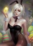  animal_ears black_legwear breasts bunny_ears bunnysuit cleavage detached_collar easter easter_egg egg large_breasts leotard looking_at_viewer mini_necktie nail_polish necktie nier_(series) nier_automata no_blindfold pantyhose phamoz short_hair smile solo wrist_cuffs yorha_no._2_type_b 