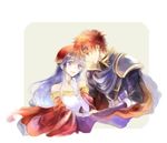  1girl armor bare_shoulders blue_eyes blue_hair cape choker couple dress earrings elbow_gloves fire_emblem fire_emblem:_fuuin_no_tsurugi gloves grey_background hat headband hetero holding_hands jewelry kuzumosu lilina long_hair open_mouth profile red_hair roy_(fire_emblem) short_hair simple_background smile upper_body white_gloves 