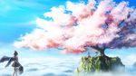  above_clouds animal_ears bag black_hair black_skirt black_wings blue_sky carrying_bag cherry_blossoms cloud day feathered_wings from_behind hat highres himekaidou_hatate inubashiri_momiji kneepits looking_at_another multiple_girls outdoors purple_skirt red_skirt roots scenery seiza shameimaru_aya shirt short_hair sitting skirt sky taku_(munokoro) thighs tokin_hat touhou tree twintails waving white_shirt wings wolf_ears 