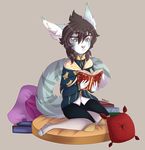  ambiguous_gender anthro book clothed clothing feline fur hair hibarikatsuru kneeling mammal pillow solo 