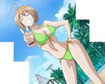  1girl ahoge amusement_park antenna_hair bikini blue_sky breasts brown_hair cleavage cloud collarbone eyes_closed front-tie_top grin hand_on_hip highres kampfer kondou_mikoto medium_breasts pool screencap shiny shiny_skin short_hair side-tie_bikini sky smile solo standing stitched swimsuit v 