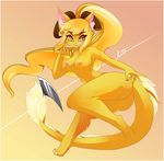  anthro blonde_hair breasts butt claws cleavage clothed clothing dancing fur gold_fur hair horn lits nipples nude simple_background solo tongue tongue_out xuul yellow_eyes 