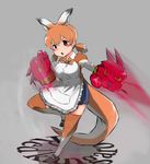  apron bad_id bad_pixiv_id blush bow bowtie boxing_gloves character_name commentary_request full_body grey_background highres kangaroo_ears kangaroo_tail kemono_friends low_twintails multicolored_hair open_mouth orange_eyes orange_hair punching red_kangaroo_(kemono_friends) simple_background solo takapon thighhighs twintails two-tone_hair white_hair 