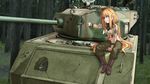  absurdres ahoge blonde_hair blue_eyes boots commentary_request gloves ground_vehicle highres long_hair m4_sherman midriff military military_vehicle motor_vehicle nanaya777 on_vehicle original sitting tank turret uniform 