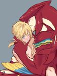  2boys blonde_hair blue_eyes bruise closed_eyes fingernails fins fishman highres injury kiss kumokumo link lips looking_down male_focus monster_boy multiple_boys muscle nipples nude ponytail scar sharp_fingernails sidon signature sitting sitting_on_lap sitting_on_person size_difference smile tail the_legend_of_zelda the_legend_of_zelda:_breath_of_the_wild yaoi zora 