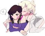  2girls animal_print blonde_hair blush bunny bunny_print closed_eyes closed_mouth d.va_(overwatch) facepaint facial_mark headphones headphones_around_neck labcoat long_sleeves mercy_(overwatch) multiple_girls mwo_imma_hwag off-shoulder_shirt overwatch ponytail purple_shirt shirt simple_background whisker_markings white_background yuri 