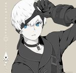  backpack bag bangs black_choker black_gloves black_jacket blindfold blindfold_lift blue_eyes buttons choker collarbone copyright_name gloves hair_between_eyes hand_up jacket long_sleeves male_focus mopiwo nier_(series) nier_automata parted_lips short_hair simple_background spot_color strap twitter_username upper_body white_hair yorha_no._9_type_s 