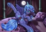  2017 anus blue_feathers blush cutie_mark datflank equine feathered_wings feathers female friendship_is_magic full_moon glowing hair hi_res horn inside magic mammal moon my_little_pony night open_mouth pillow princess_luna_(mlp) pussy spread_legs spread_pussy spreading winged_unicorn wings 