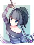  arm_up bangs black_hair blue_eyes blunt_bangs blush closed_mouth commentary_request copyright_name dated divine_gate eyebrows_visible_through_hair looking_at_viewer polearm ribbed_sweater sidelocks sleeves_past_wrists solo striped striped_sweater sweater tousaki_shirasu twitter_username upper_body weapon 