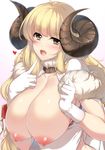  :o ahoge anila_(granblue_fantasy) blonde_hair blush breasts cape cleavage collarbone draph eyebrows eyebrows_visible_through_hair eyelashes finger_to_mouth gloves gradient granblue_fantasy horns large_breasts long_hair minamon_(vittel221) nipples open_mouth orange_eyes puffy_nipples ribbon-trimmed_clothes ribbon_trim rope sheep sheep_horns simple_background solo thick_eyebrows wavy_hair white_background white_gloves 