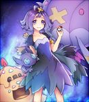  :3 acerola_(pokemon) akira_(aky-la) arm_behind_back armlet artbook bare_arms blush closed_mouth collarbone dress drifblim elite_four eyelashes eyes_visible_through_hair flat_chest flipped_hair flower gem gen_3_pokemon gen_4_pokemon gen_7_pokemon hair_flower hair_ornament highres holding holding_poke_ball looking_at_another looking_at_viewer palossand poke_ball pokemon pokemon_(creature) pokemon_(game) pokemon_sm purple purple_background purple_eyes purple_hair sableye sand sand_castle sand_sculpture short_hair shovel standing stitches tareme topknot torn_clothes torn_dress torn_sleeves trial_captain 