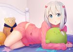  absurdres akky_(akimi1127) aqua_eyes bed bow eromanga_sensei hair_bow highres izumi_sagiri long_hair looking_at_viewer lying on_side pajamas pink_bow revision silver_hair solo star stuffed_animal stuffed_octopus stuffed_toy teddy_bear 