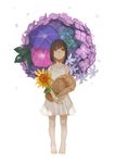  bangs barefoot brown_eyes brown_hair closed_mouth commentary_request dress eyebrows_visible_through_hair flower full_body harutask hat hat_removed headwear_removed holding holding_flower holding_hat looking_up original purple_flower rain short_dress short_hair simple_background solo standing straw_hat summer sunflower white_background white_dress 