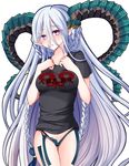  :o alternate_costume atono114 bikini_bottom blue_hair blush braid breasts fate/grand_order fate_(series) head_tilt horns large_breasts long_hair looking_at_viewer pointy_ears purple_eyes shirt solo symbol-shaped_pupils t-shirt tiamat_(fate/grand_order) translation_request twin_braids very_long_hair 