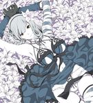  armpits arms_up asymmetrical_clothes asymmetrical_hair bandaged_arm bandaged_leg bandages bangs bare_shoulders black_gloves black_ribbon blue_dress blunt_bangs braid breasts cleavage collarbone dress elbow_gloves flower frilled_panties frills gloves grey_hair hair_flower hair_ornament hair_rings kaine_(nier) lily_(flower) lingerie looking_at_viewer lying medium_breasts mopiwo navel negligee nier nier_(series) on_back panties parted_lips ribbon sash short_hair_with_long_locks single_braid single_thighhigh solo strap_gap thigh_gap thighhighs underwear weapon white_flower white_panties yellow_eyes 