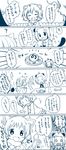  2girls american_beaver_(kemono_friends) animal_ears beaver_ears beaver_tail black-tailed_prairie_dog_(kemono_friends) blush closed_eyes comic commentary_request eating flower food fork futami_yayoi highres japari_bun kemono_friends monochrome multiple_girls prairie_dog_ears prairie_dog_tail shocked_eyes sitting smile speech_bubble spoon surprised table tail translation_request vase 