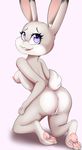  2017 anthro anus areola breasts butt disney eyelashes female fur grey_fur hi_res hindpaw inner_ear_fluff judy_hopps kneeling lagomorph looking_at_viewer looking_back mammal nipples open_mouth pawpads paws pink_nose pink_pawpads purple_eyes pussy rabbit simple_background solo thebatfang zootopia 