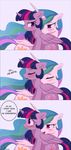  2016 absurd_res blush cutie_mark dialogue duo english_text equine eyelashes eyes_closed feathered_wings feathers female female/female feral friendship_is_magic hair hi_res horn long_hair mammal momomistress multicolored_hair my_little_pony open_mouth princess_celestia_(mlp) purple_eyes purple_feathers smile text twilight_sparkle_(mlp) white_feathers winged_unicorn wings 
